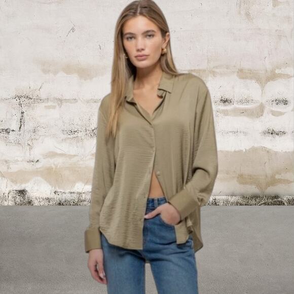 The Workshop Tops - The Workshop Women’s Silky Satin Button Down Shirt in Olive Green Medium NWT